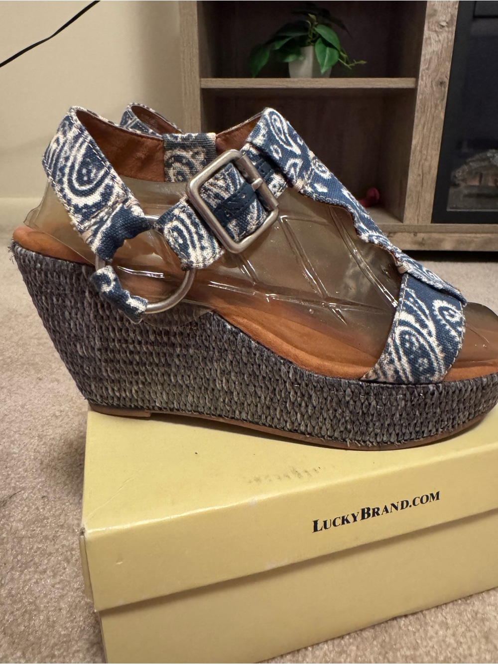 Lucky Brand Blue Paisley Fabric Wedge Sandals